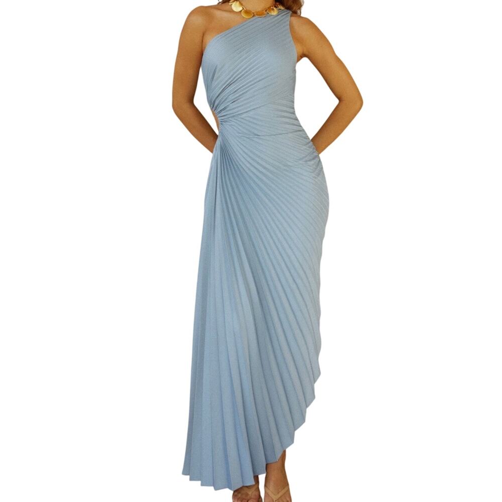 o.p.t. Large Perko Dress Light Blue One Shoulder Pleated Cutout Maxi Assymetric